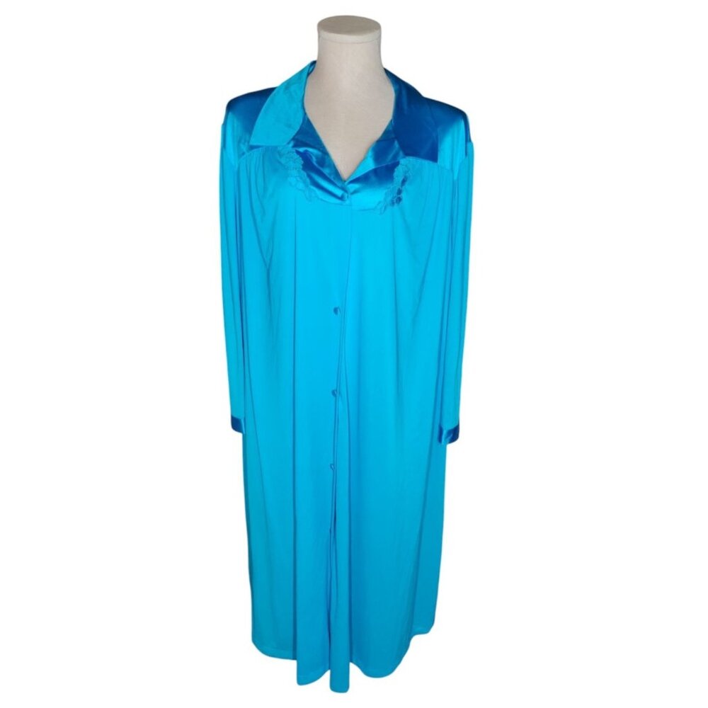 VTG Vanity Fair Blue Button Front Night Dressing Gown Robe Sz 44 Embroidered